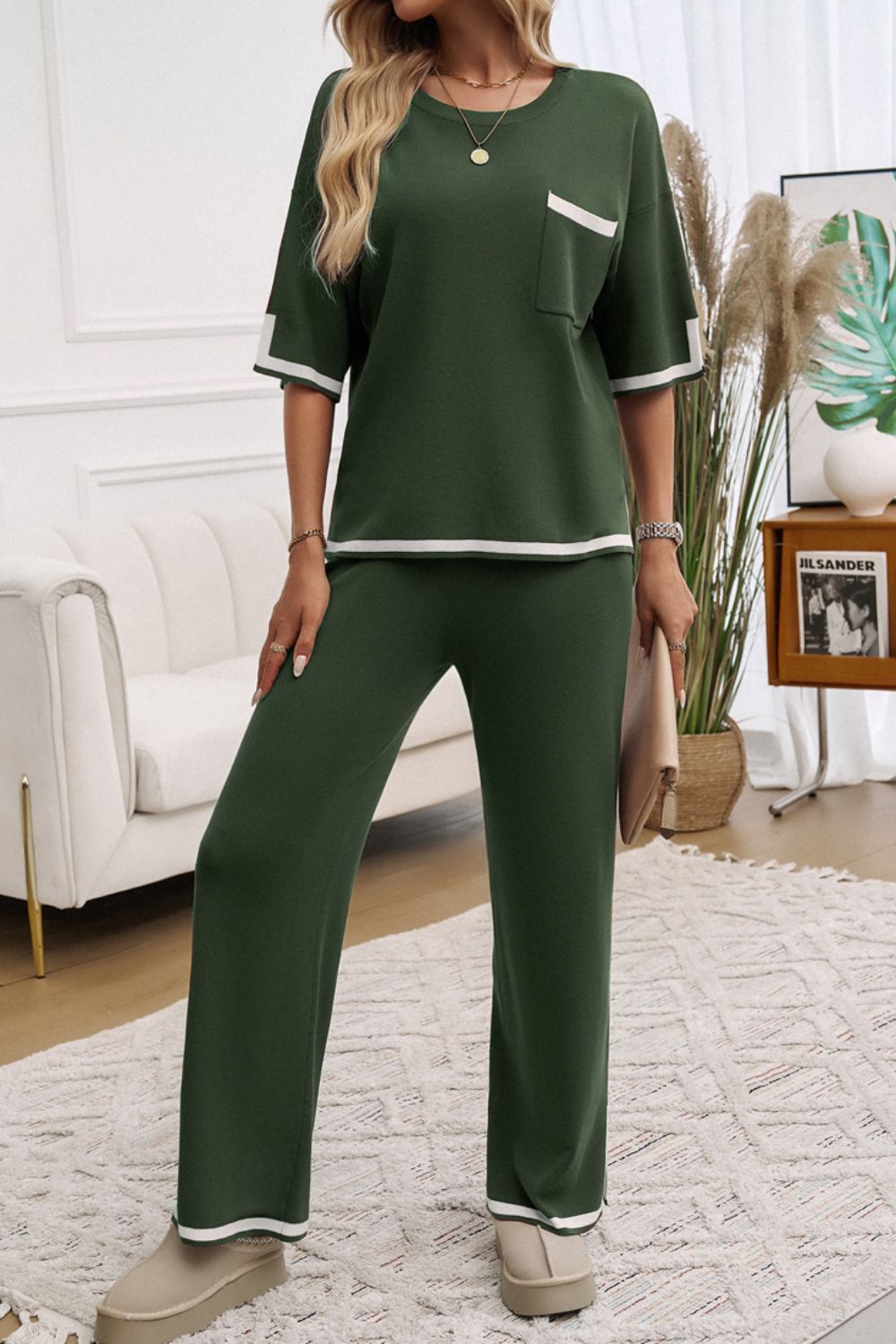 Contrast Trim Half Sleeve Top and Pants Set