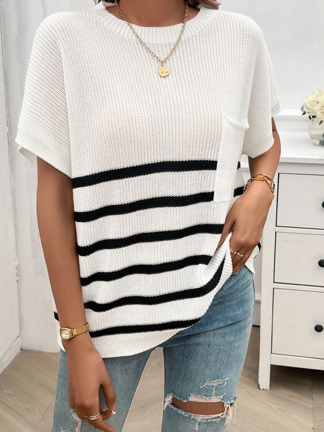 Striped Round Neck Short Sleeve Sweater