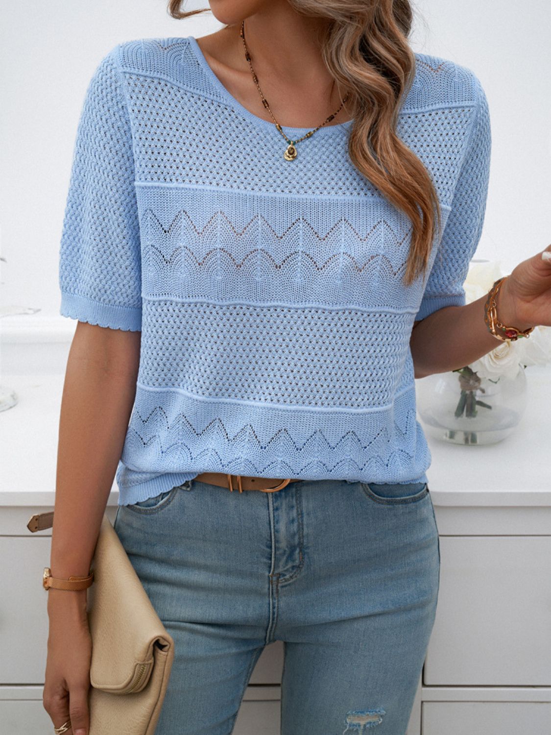 Round Neck Half Sleeve Knit Top