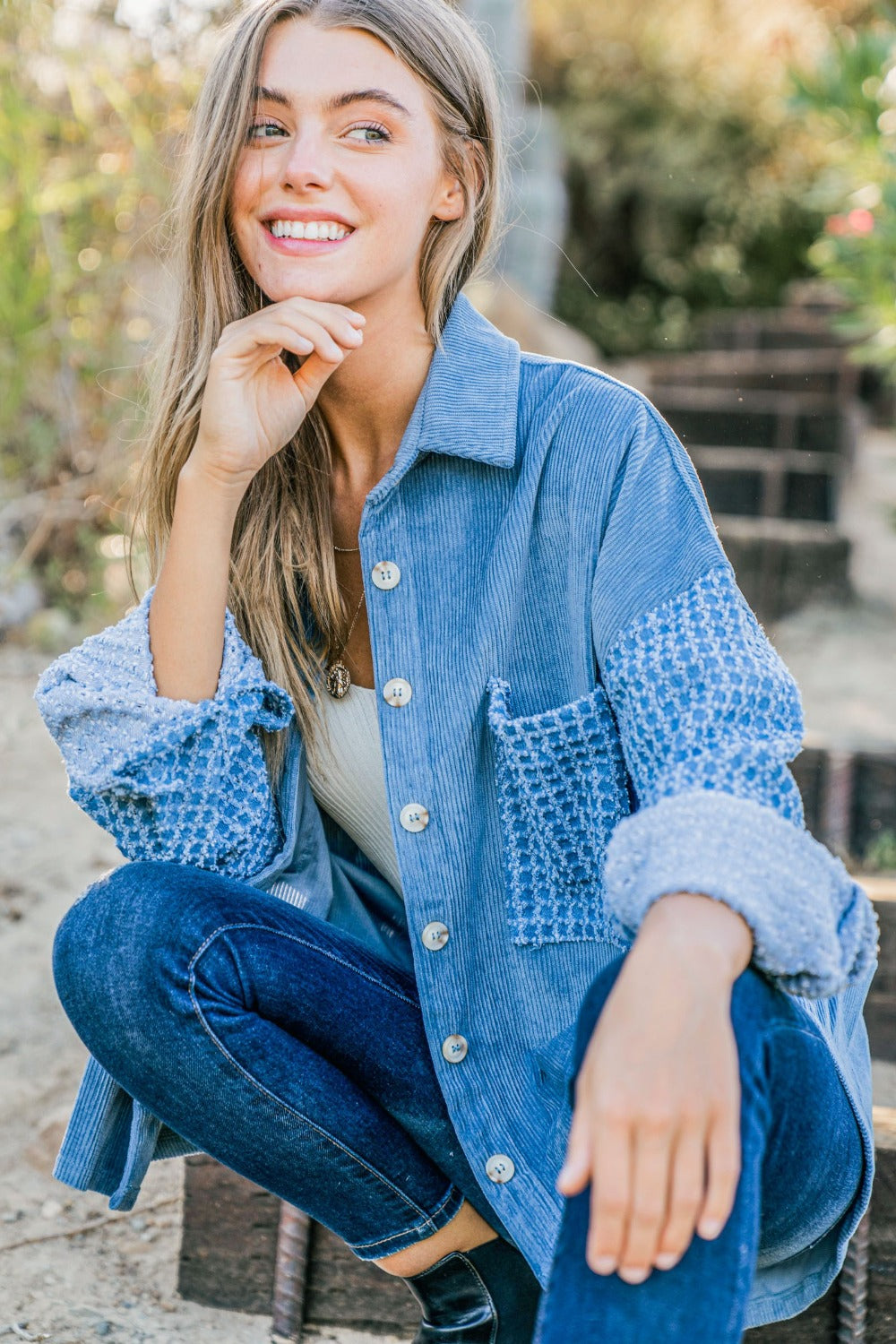 And The Why Button Down Corduroy Contrast Texture Long Sleeve Shacket