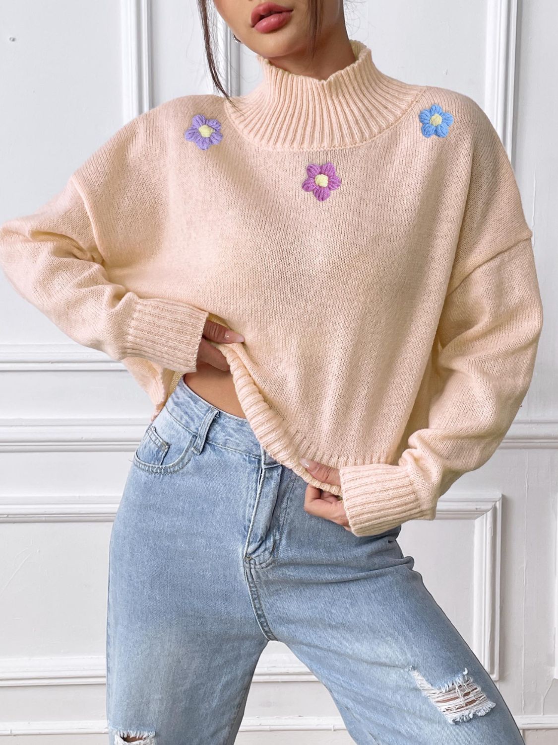 Flower Turtleneck Long Sleeve Sweater