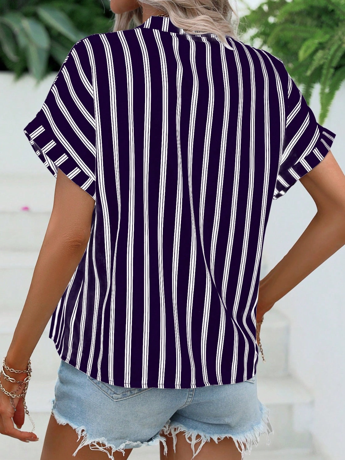 Striped Notched Short Sleeve Blouse