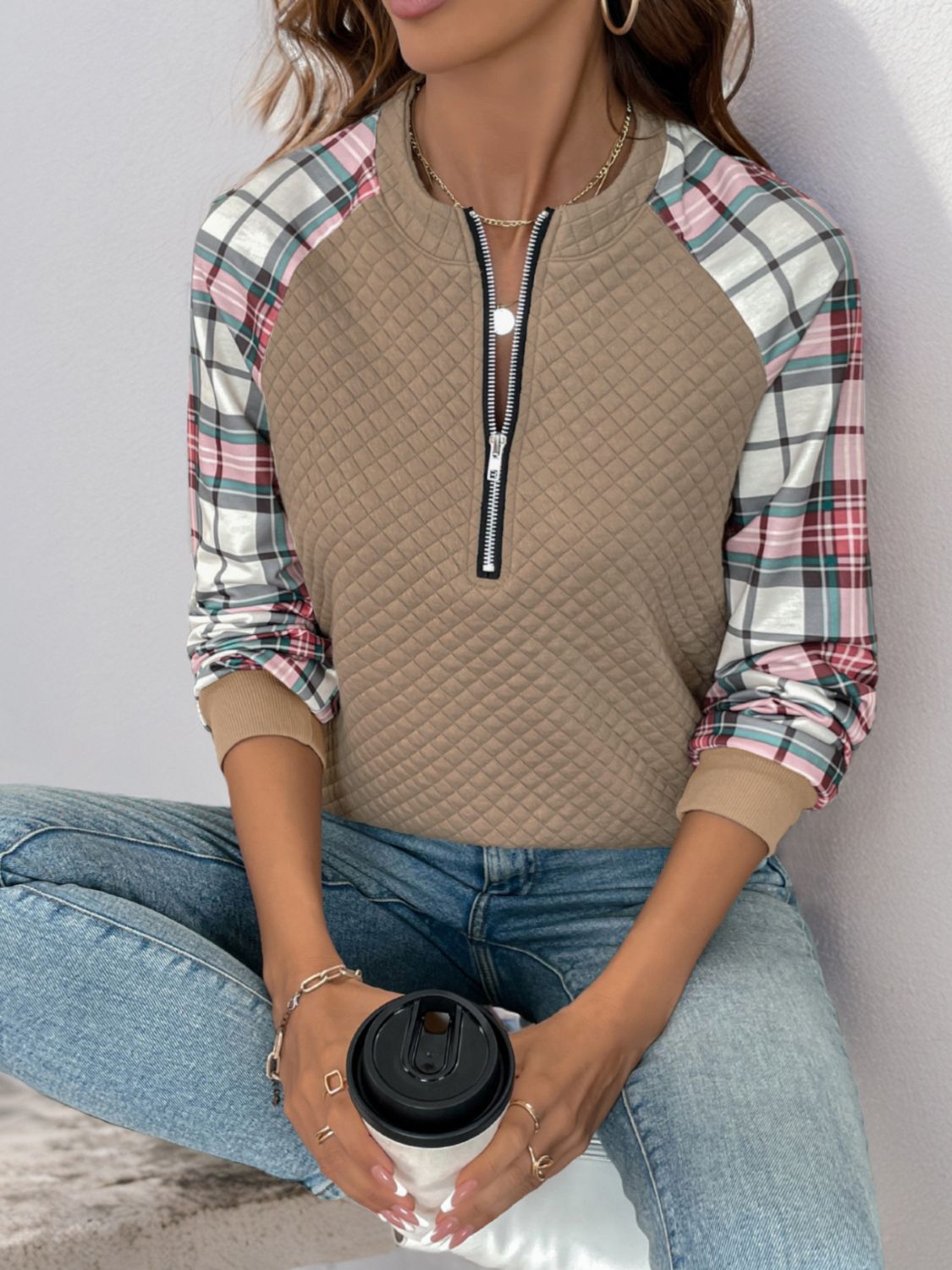 Perfee Plaid Half Zip Long Sleeve Texture Sweatshirt