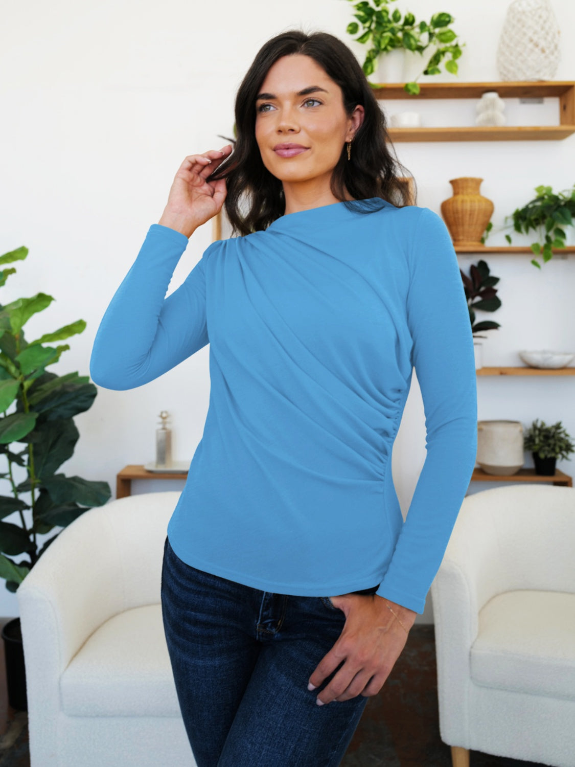 Ruched Mock Neck Long Sleeve T-Shirt