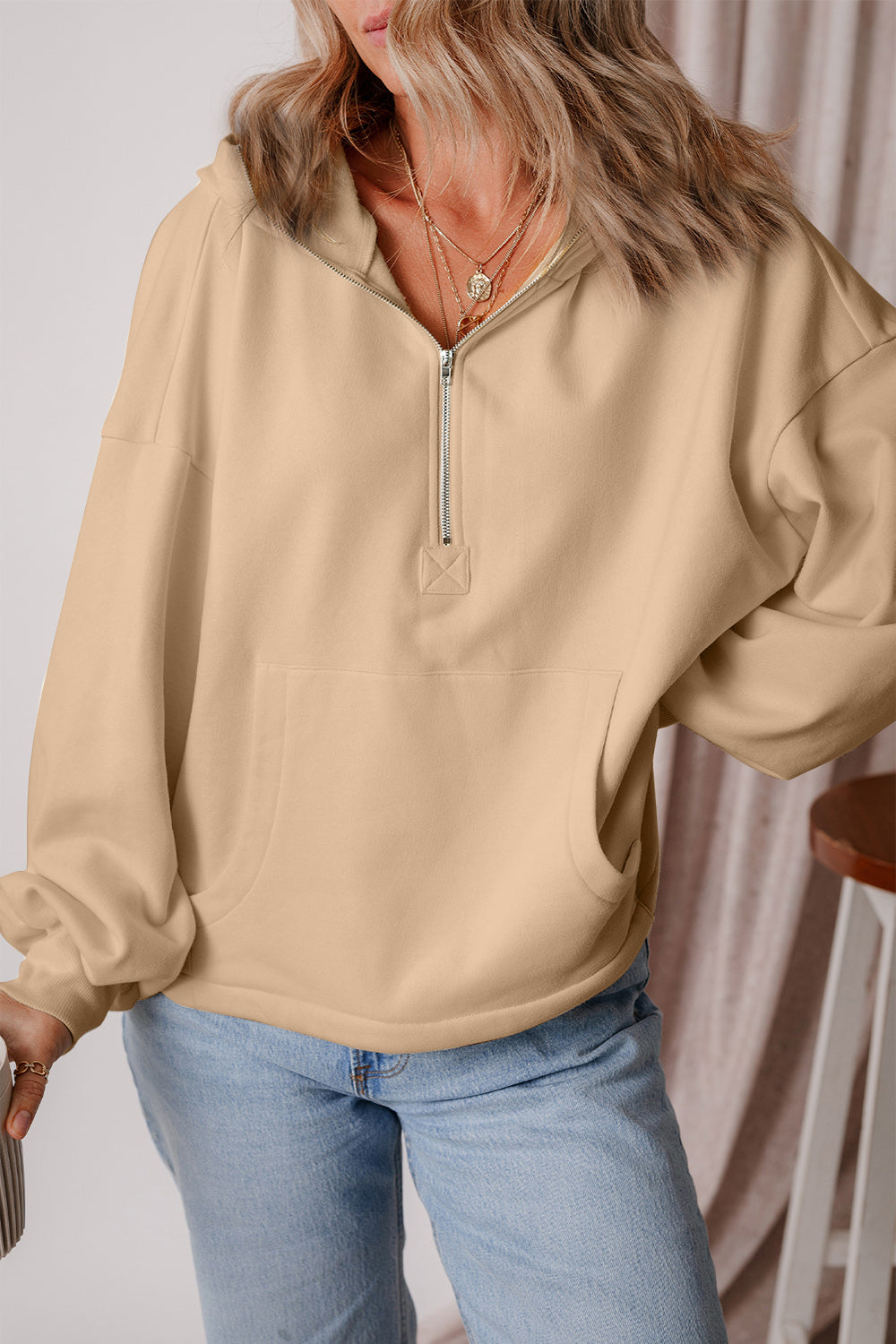 Pocketed Half Zip Dropped Shoulder Hoodie