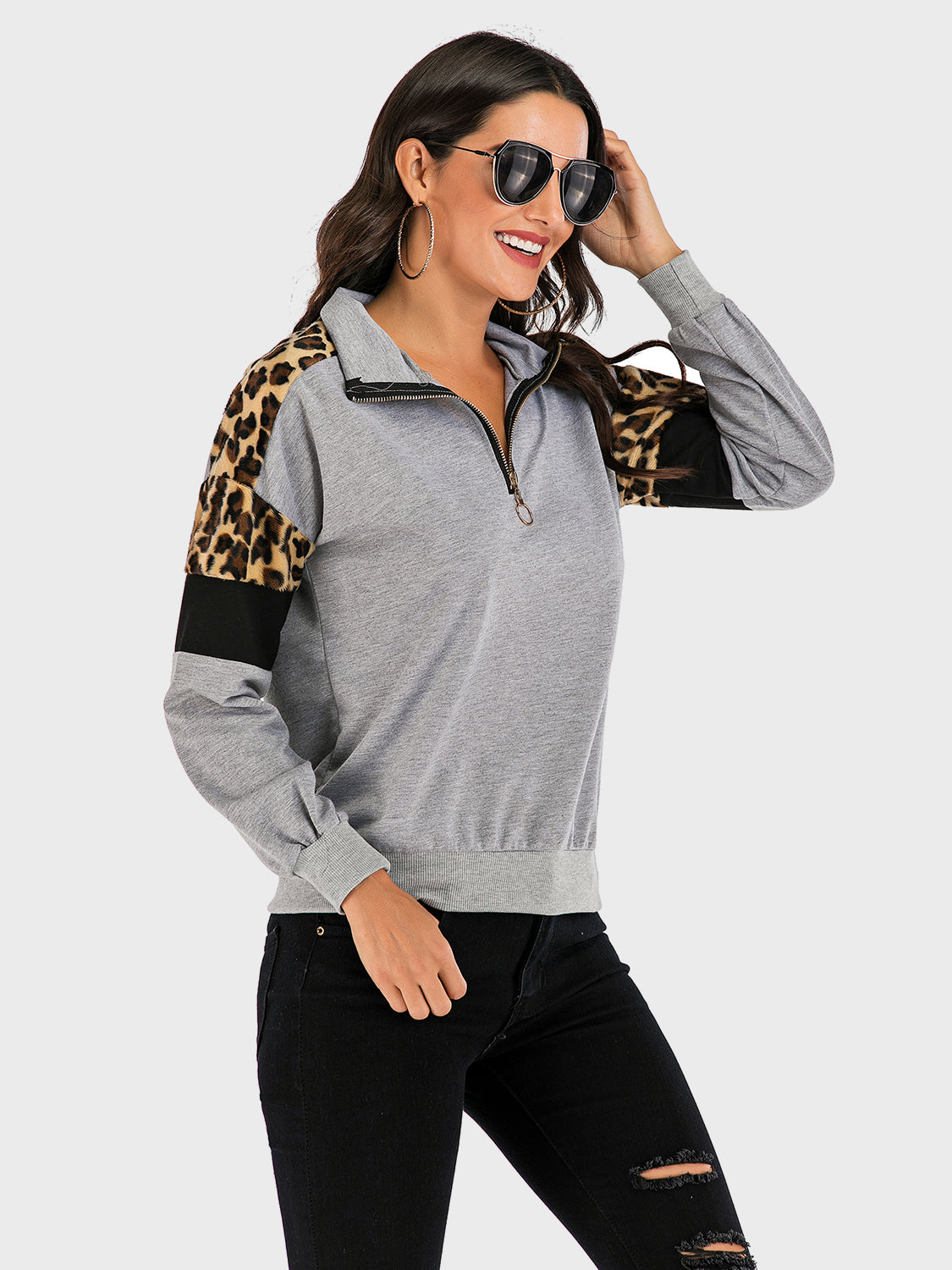 Perfee Contrast Leopard Half Zip Long Sleeve Sweatshirt