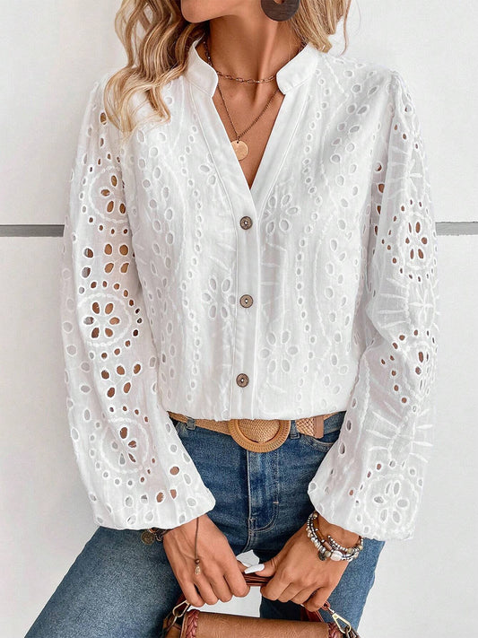 Cutout Notched Long Sleeve Blouse