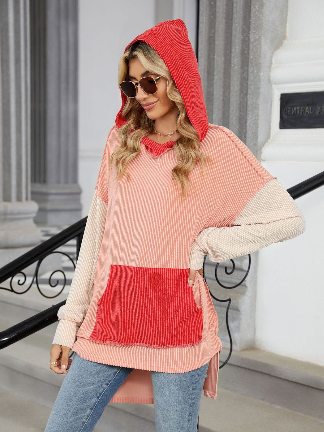 Double Take Contrast Hooded Long Sleeve Top