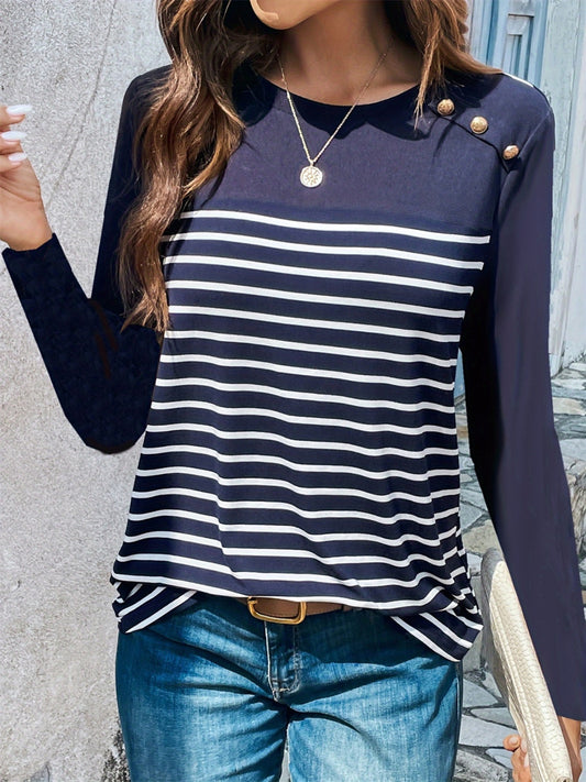 Decorative Button Striped Round Neck Long Sleeve T-Shirt