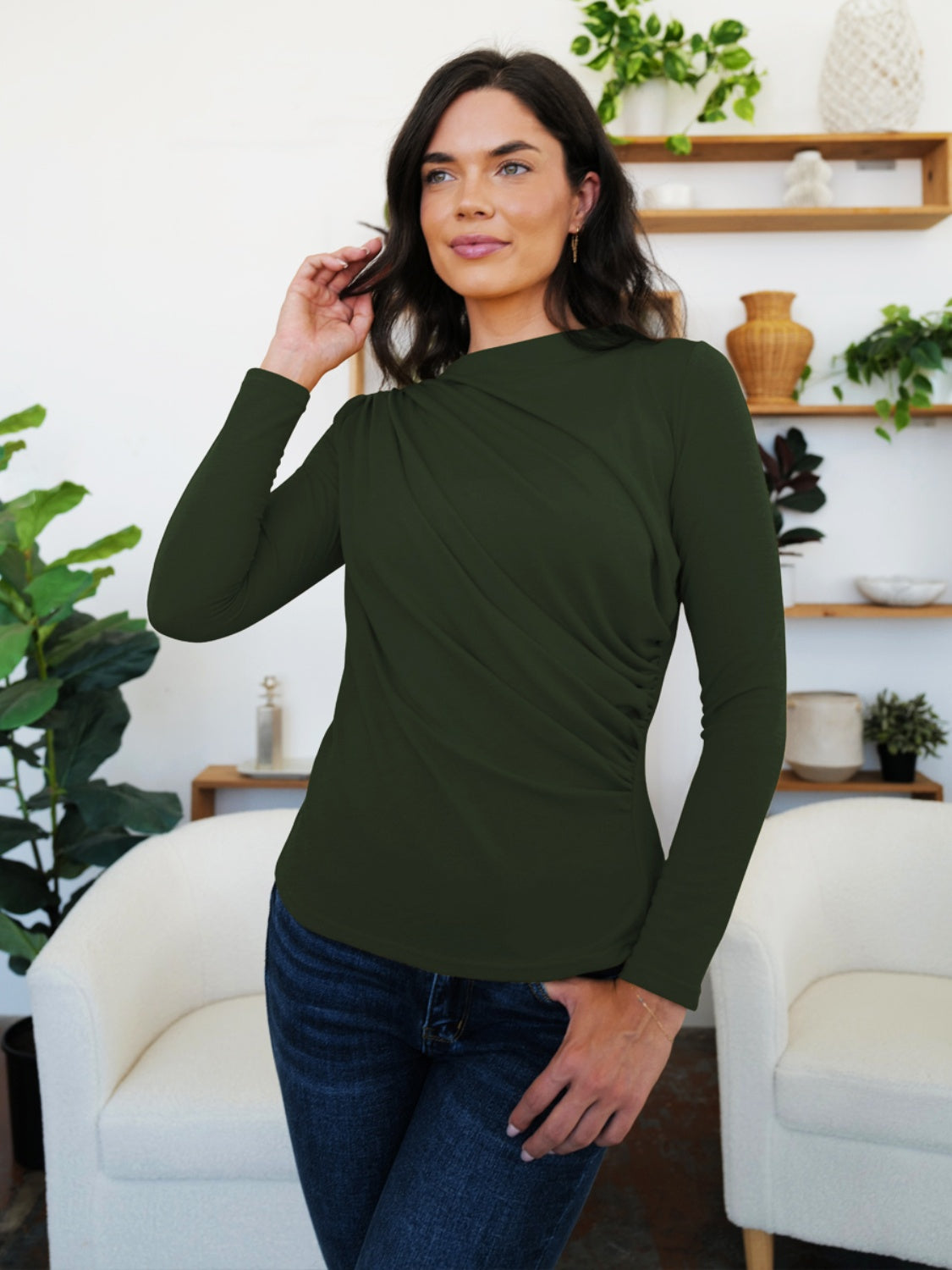 Ruched Mock Neck Long Sleeve T-Shirt