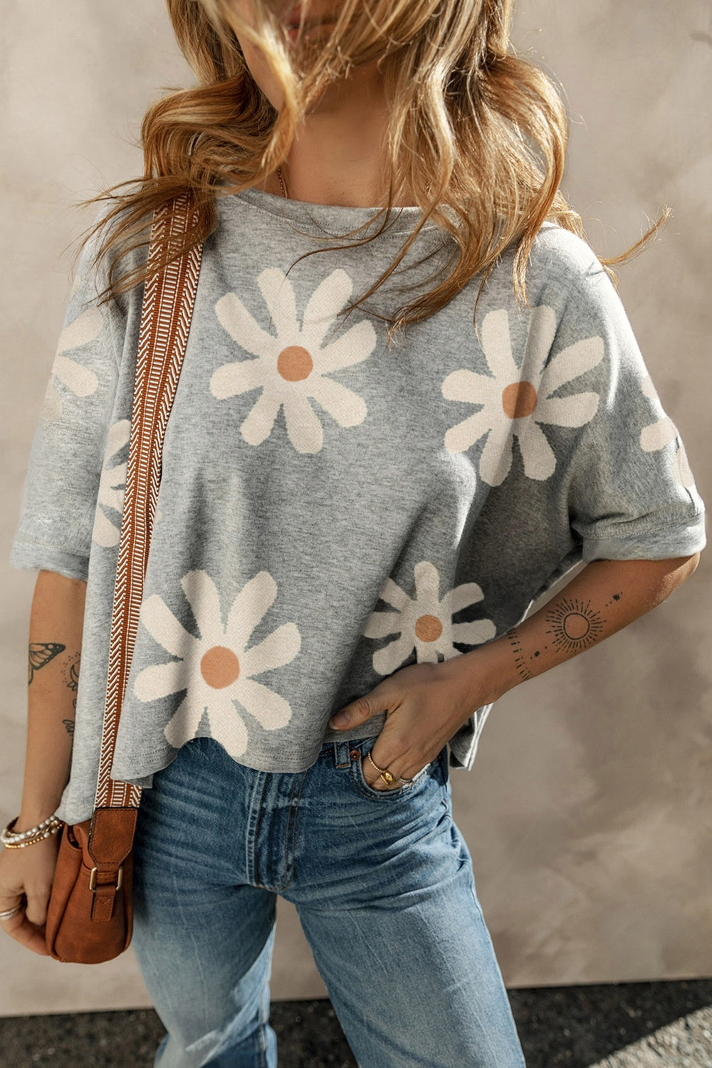 Flower Round Neck Half Sleeve T-Shirt