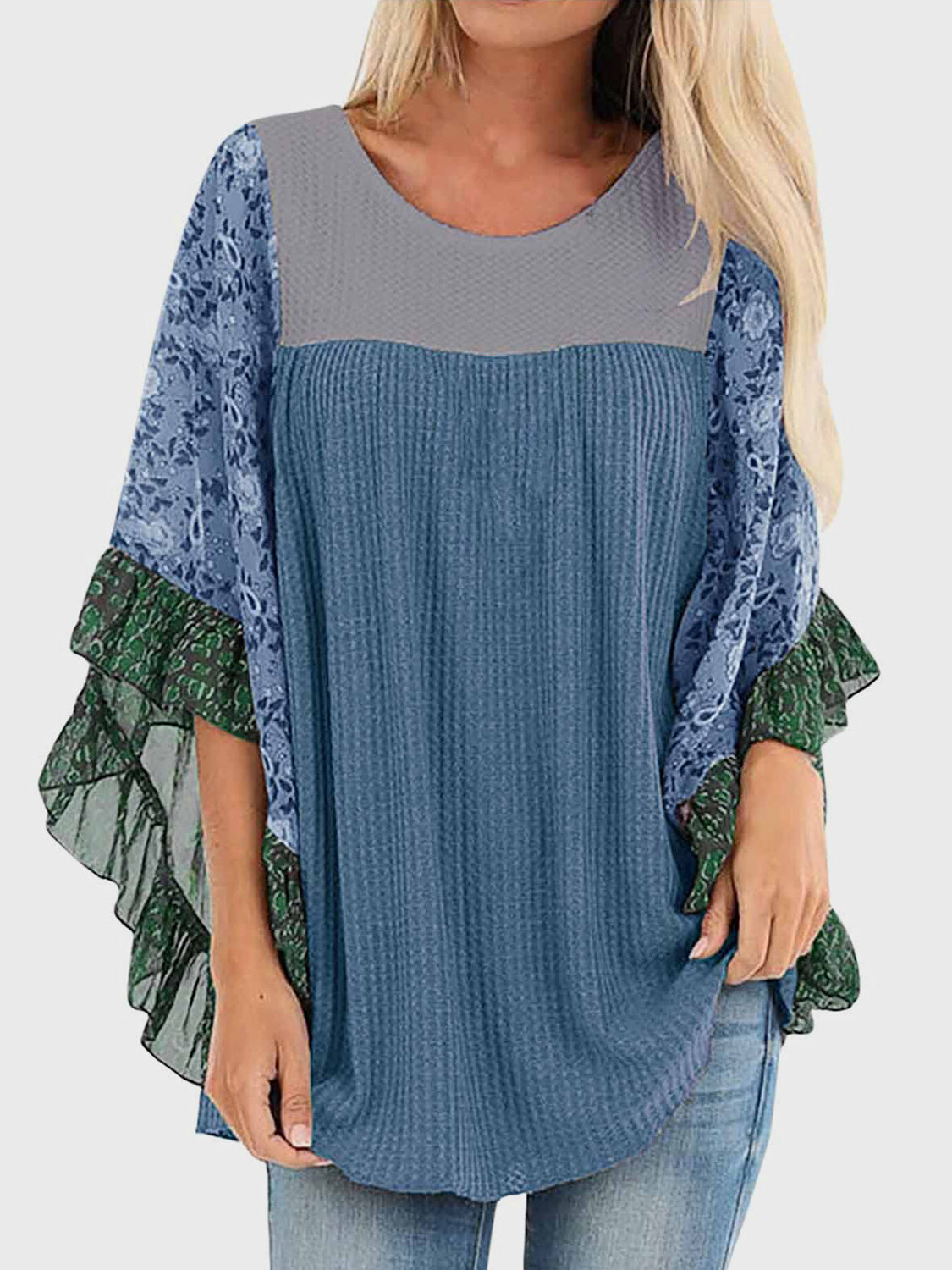 Full Size Printed Round Neck Three-Quarter Sleeve Blouse