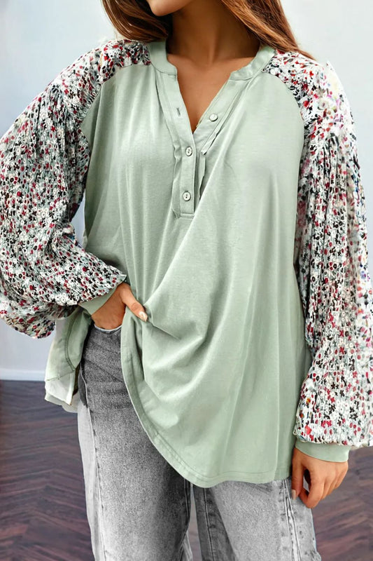 Printed Notched Long Sleeve Blouse