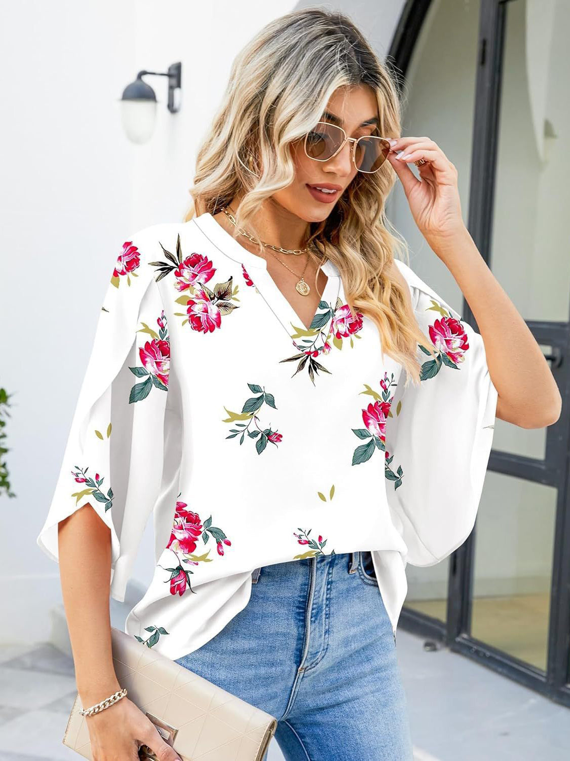 Printed Notched Half Sleeve Blouse