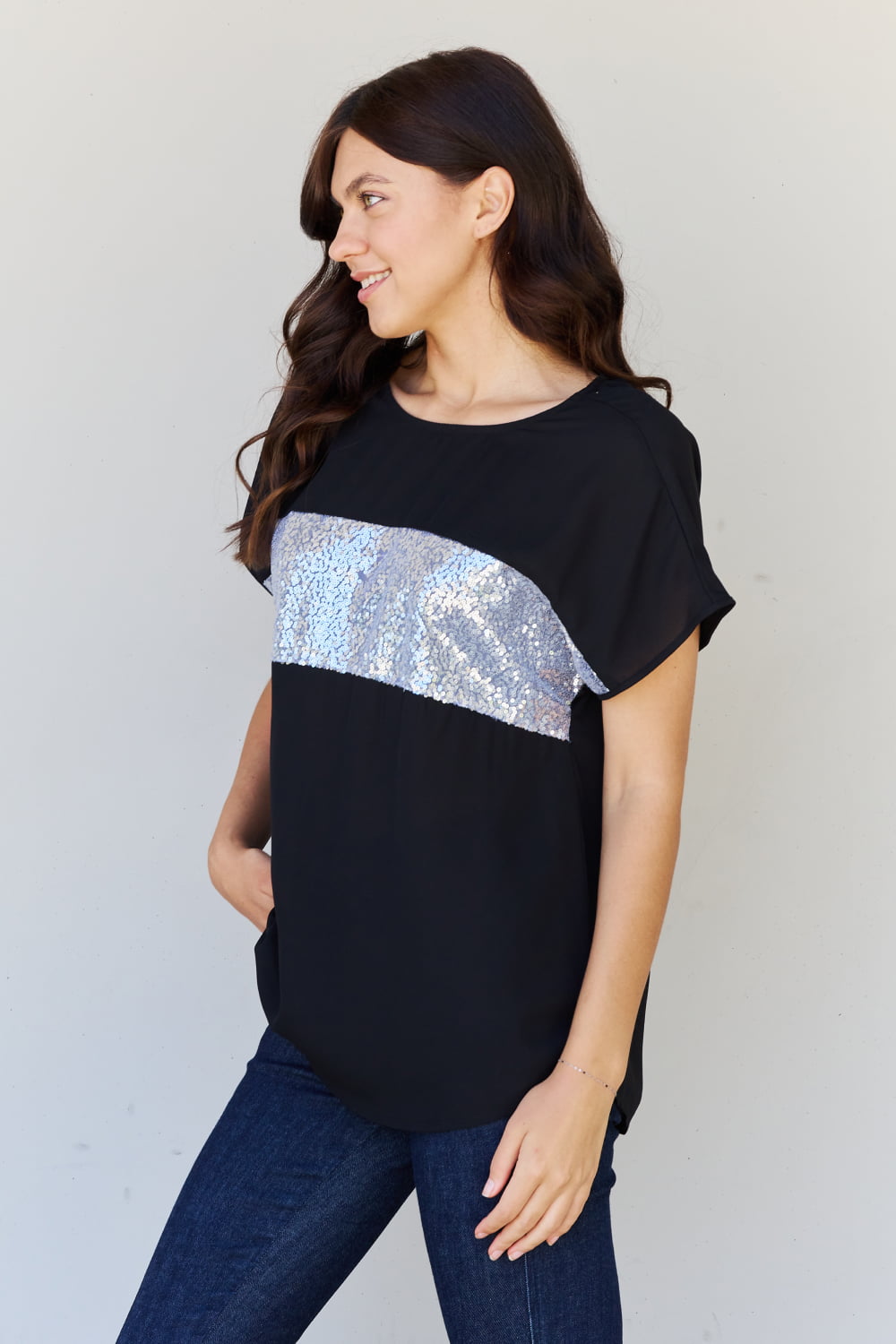 Sew In Love Shine Bright Full Size Center Mesh Sequin Top in Black/Silver