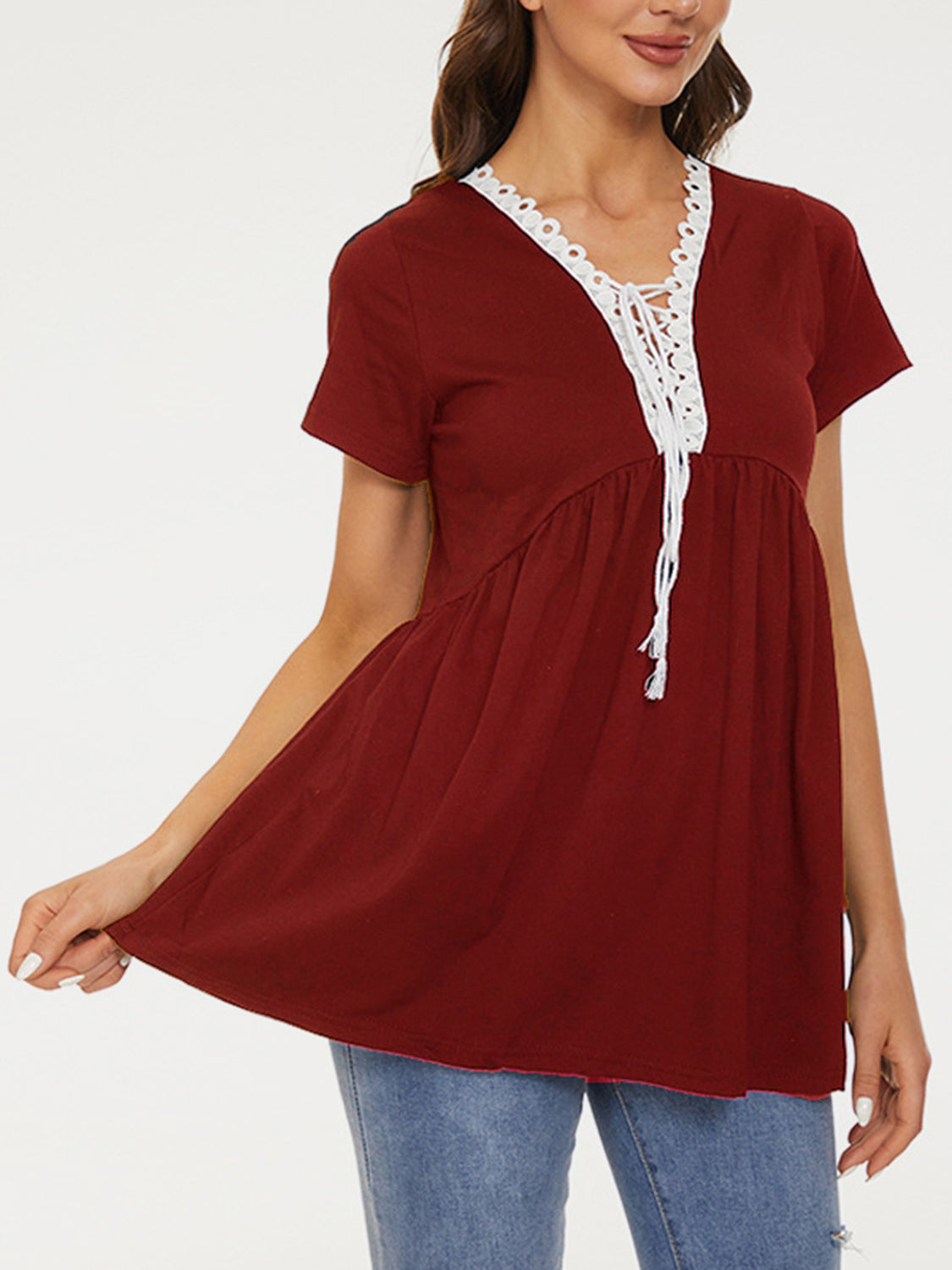 Lace Detail Tie Neck Short Sleeve T-Shirt