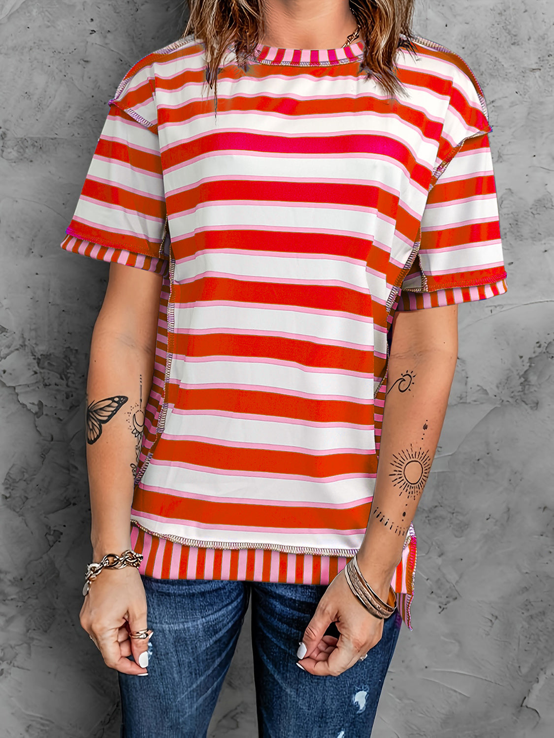 Full Size Contrast Stitching Striped Round Neck T-Shirt