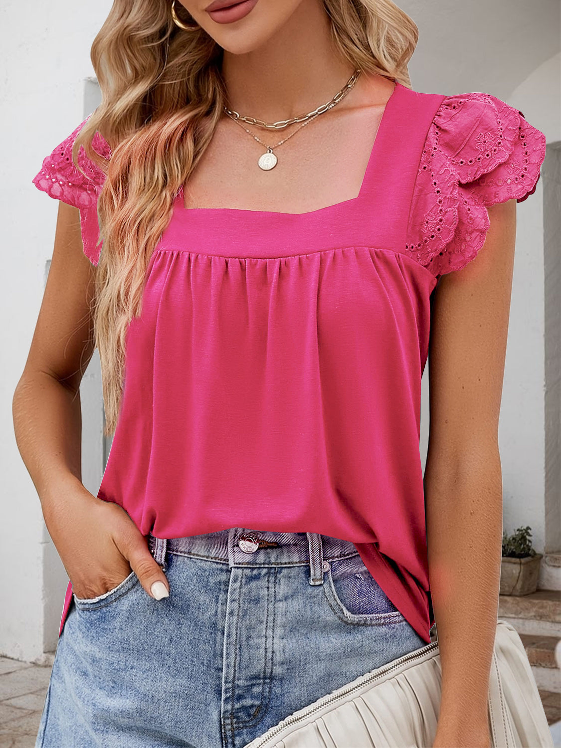 Ruffled Square Neck Cap Sleeve Blouse