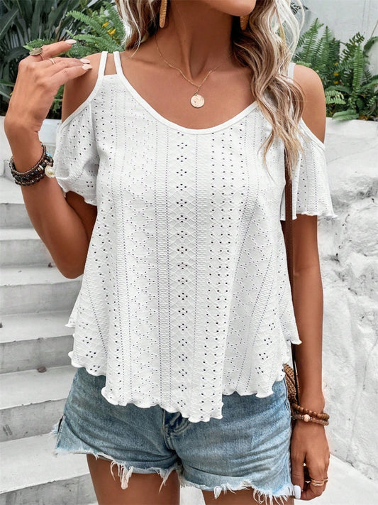 Eyelet Cold Shoulder Short Sleeve Blouse