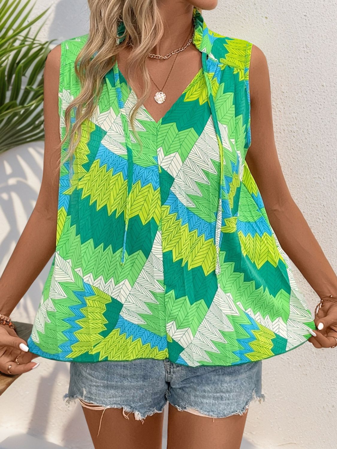 Printed Tie Neck Sleeveless Top