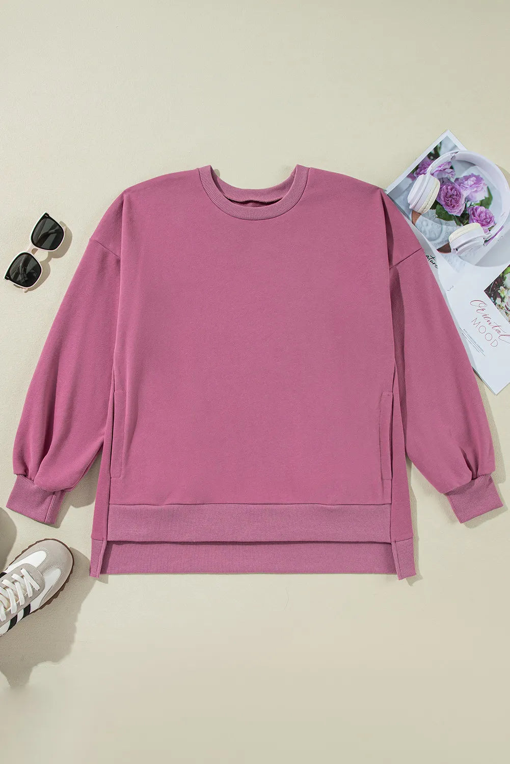 High-Low Round Neck Long Sleeve Sweatshirt