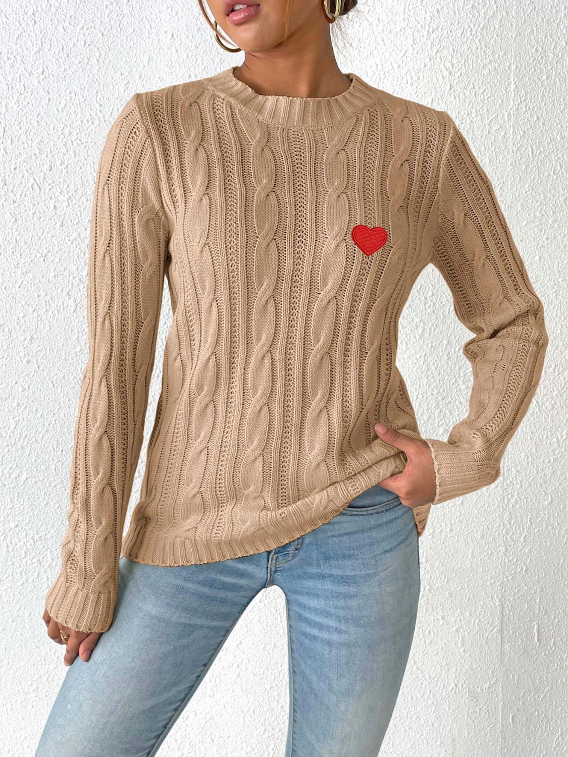 Cable-Knit Heart Round Neck Long Sleeve Sweater