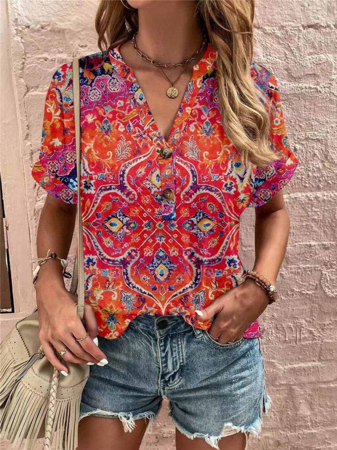 Full Size Printed Notched Short Sleeve Blouse