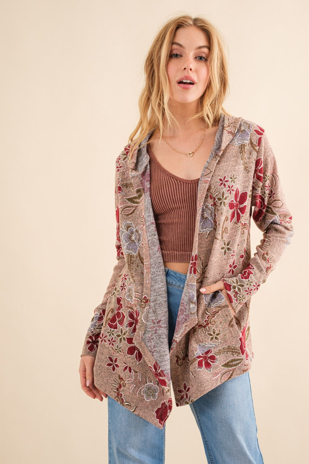 And The Why Floral Thermal Hooded Open Front Cardigan