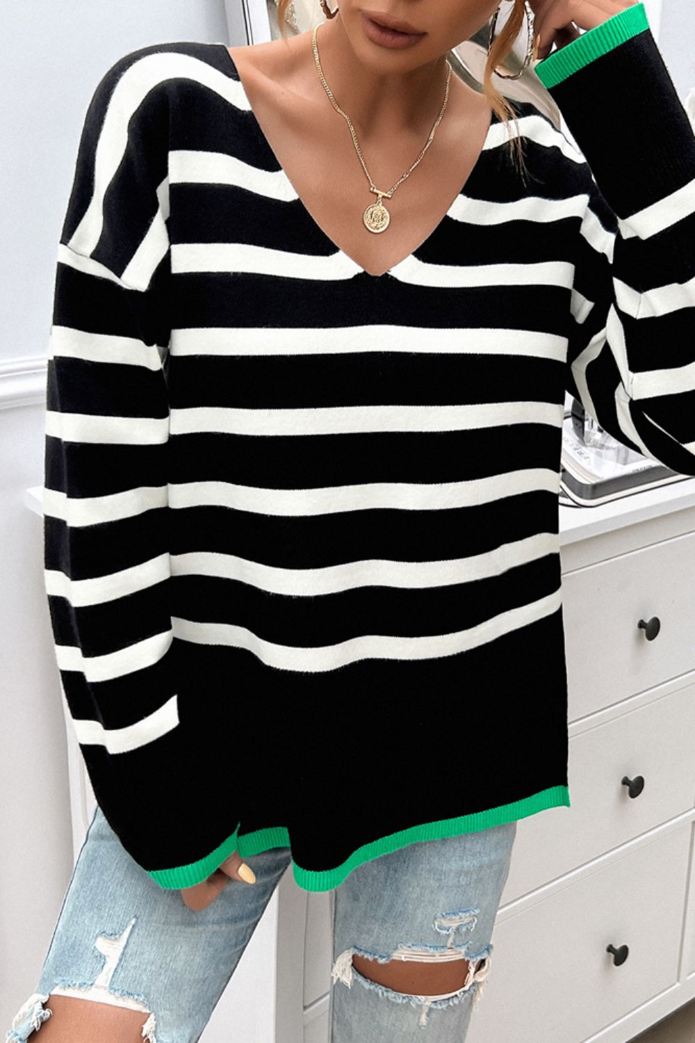 Striped V-Neck Long Sleeve Knit Top