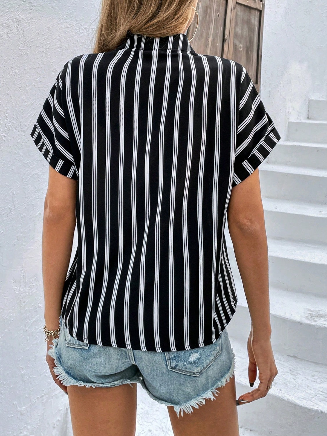 Striped Notched Short Sleeve Blouse