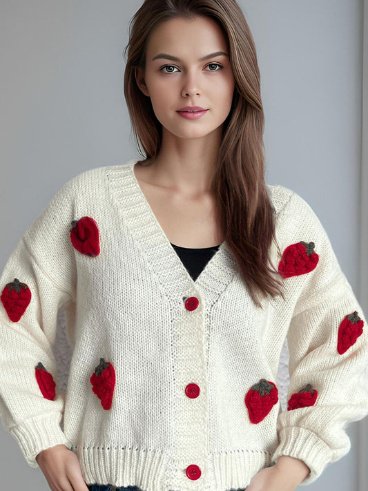 Crochet Strawberry V-Neck Long Sleeve Cardigan