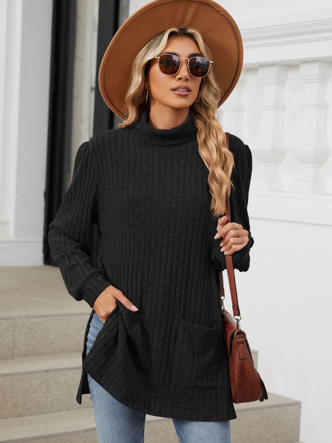 Slit Mock Neck Long Sleeve T-Shirt