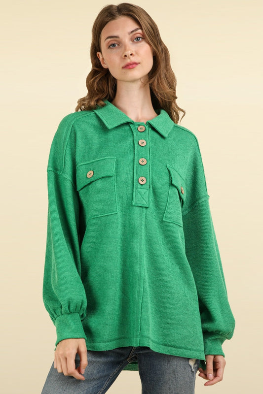 VERY J Collared Half Button Knit Top with Pockets