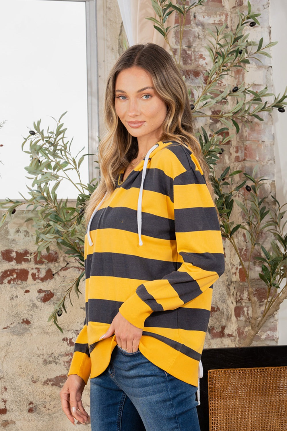 Full Size Drawstring Striped Long Sleeve Hoodie