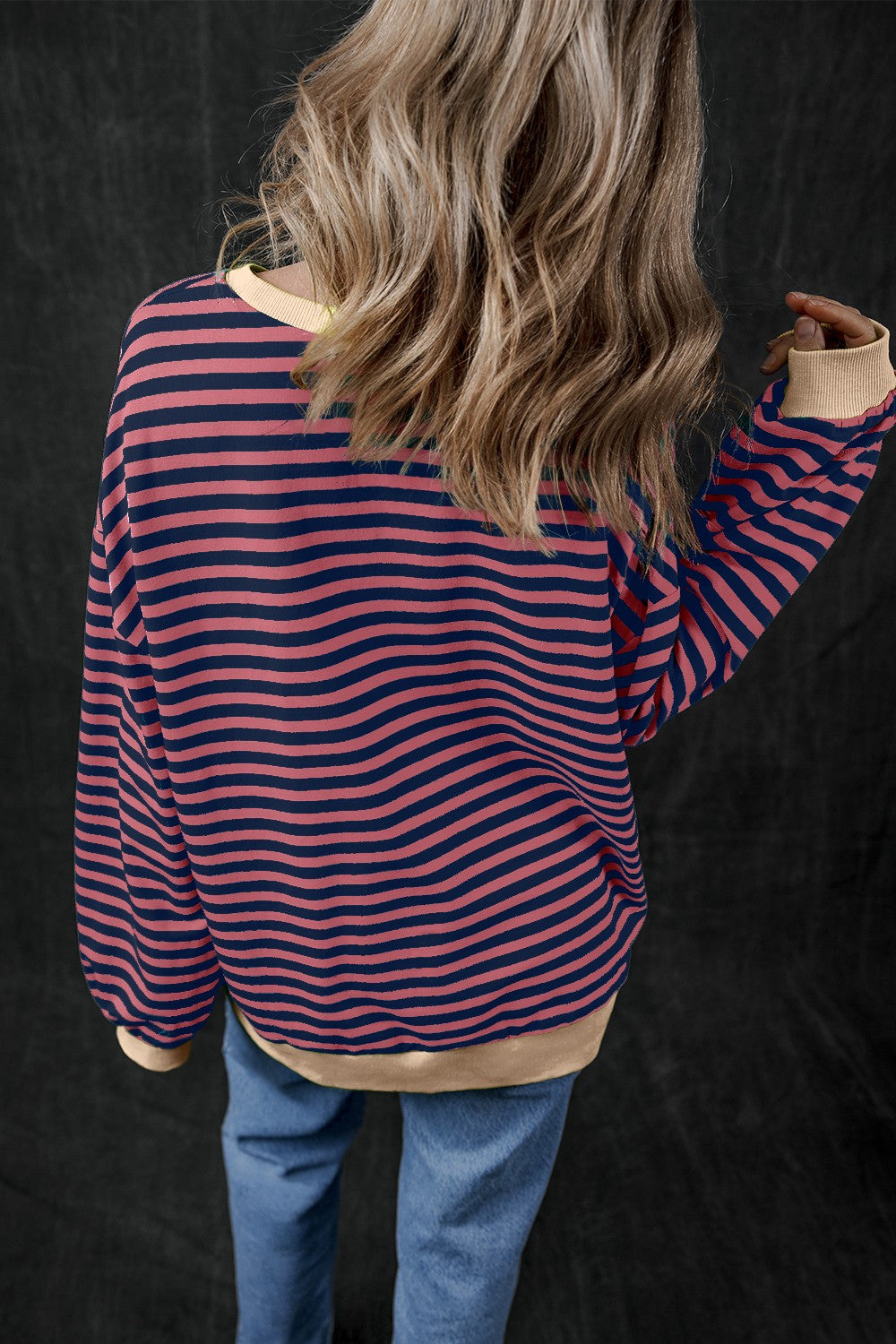 Pumpkin Striped Round Neck Long Sleeve Sweatshirt