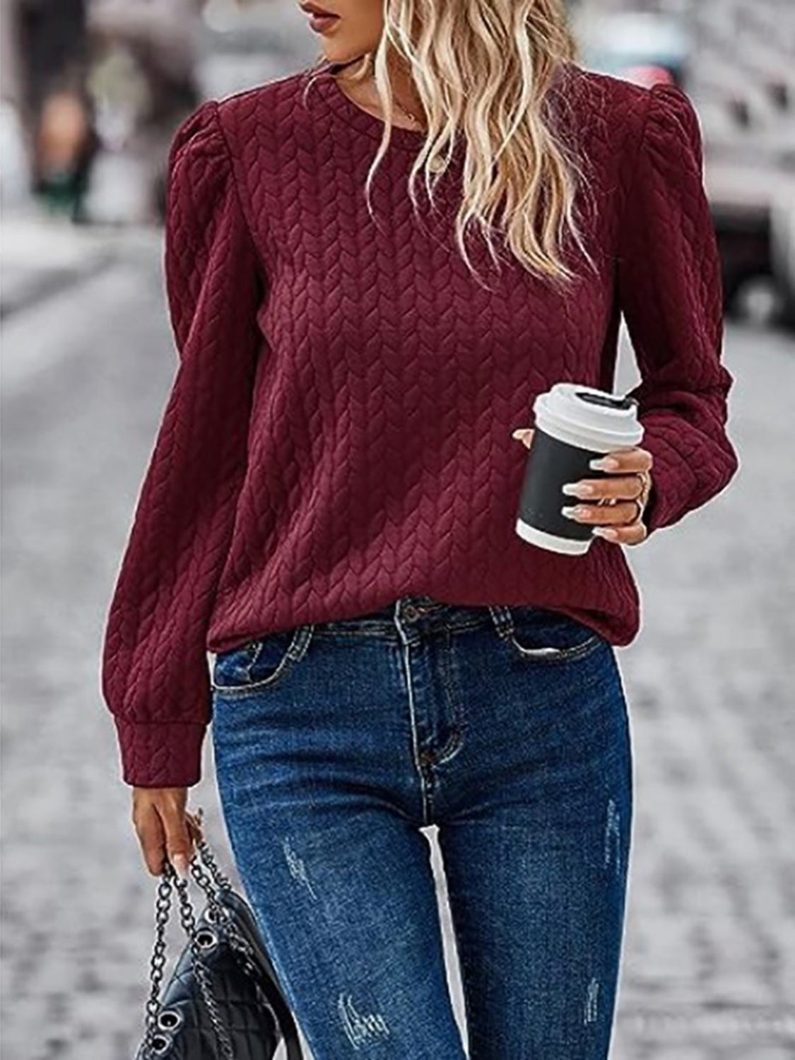 Textured Round Neck Long Sleeve Sweatshirt