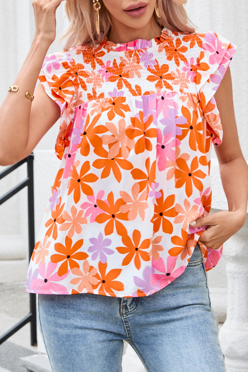 Printed Round Neck Cap Sleeve Blouse