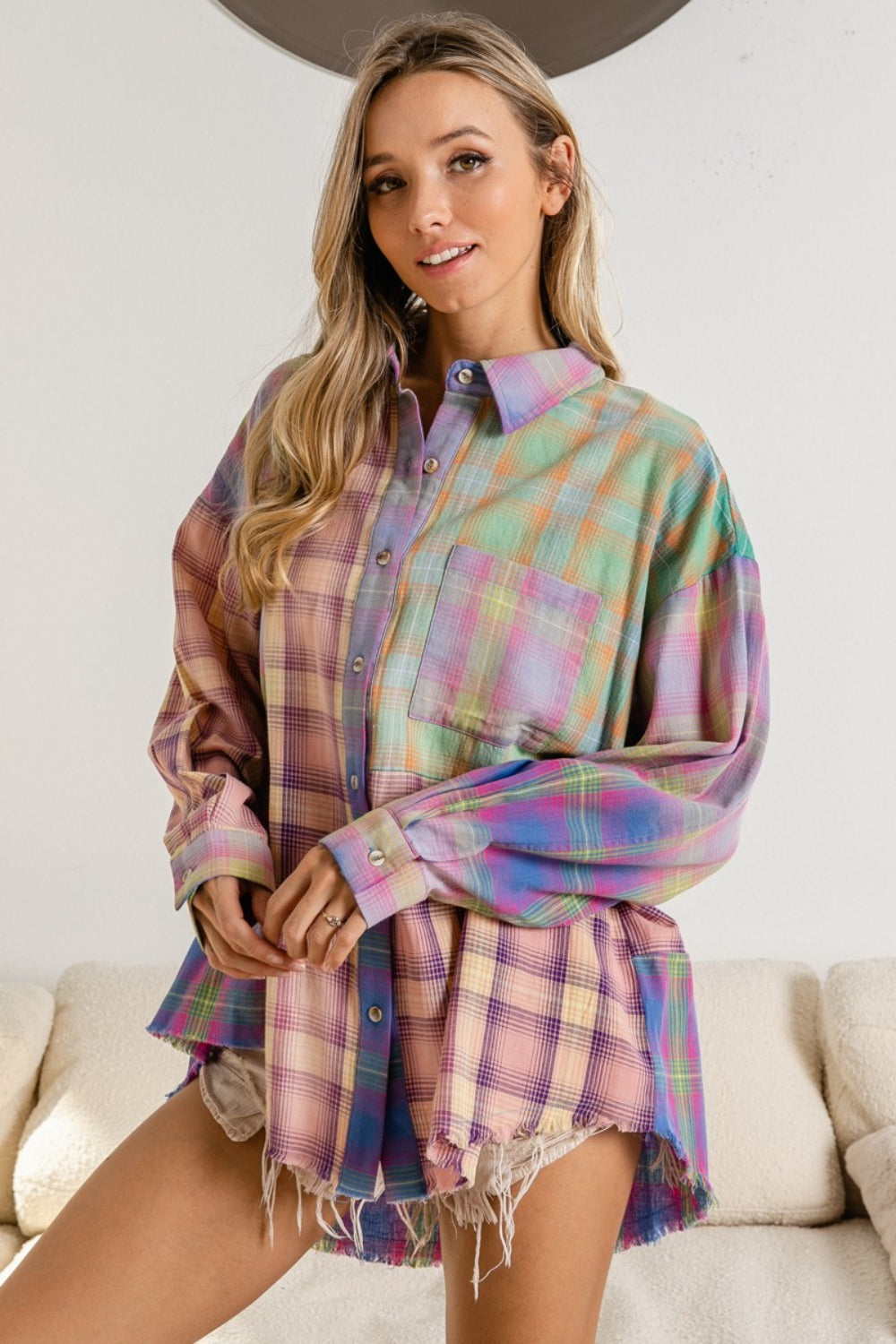 BiBi Plaid Color Block Button Up Shirt