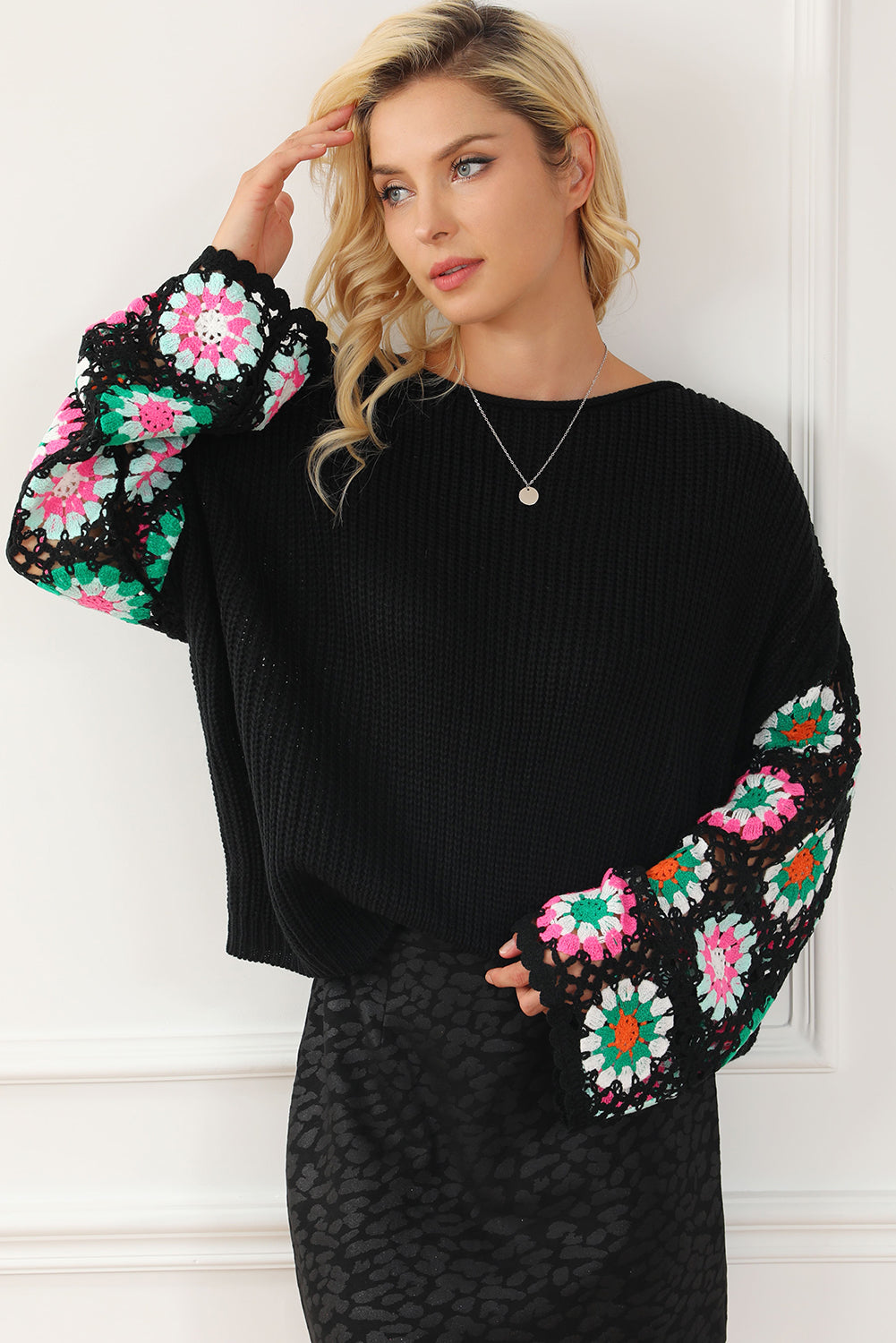 Crochet Round Neck Long Sleeve Knit Top