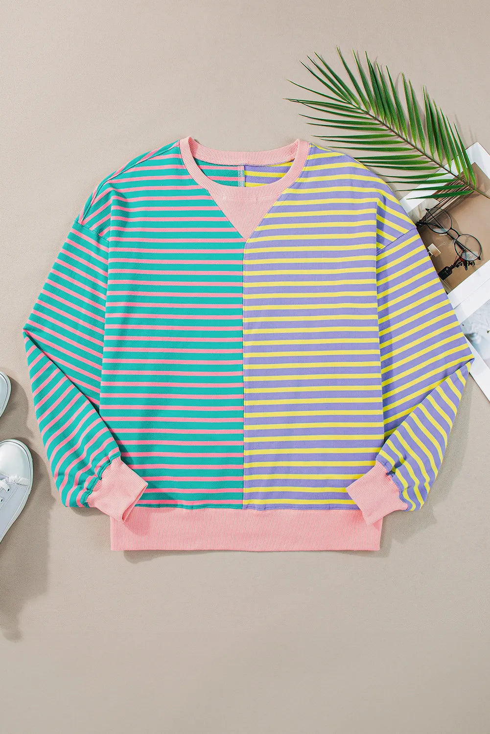 Contrast Stripes Round Neck Long Sleeve Sweatshirt