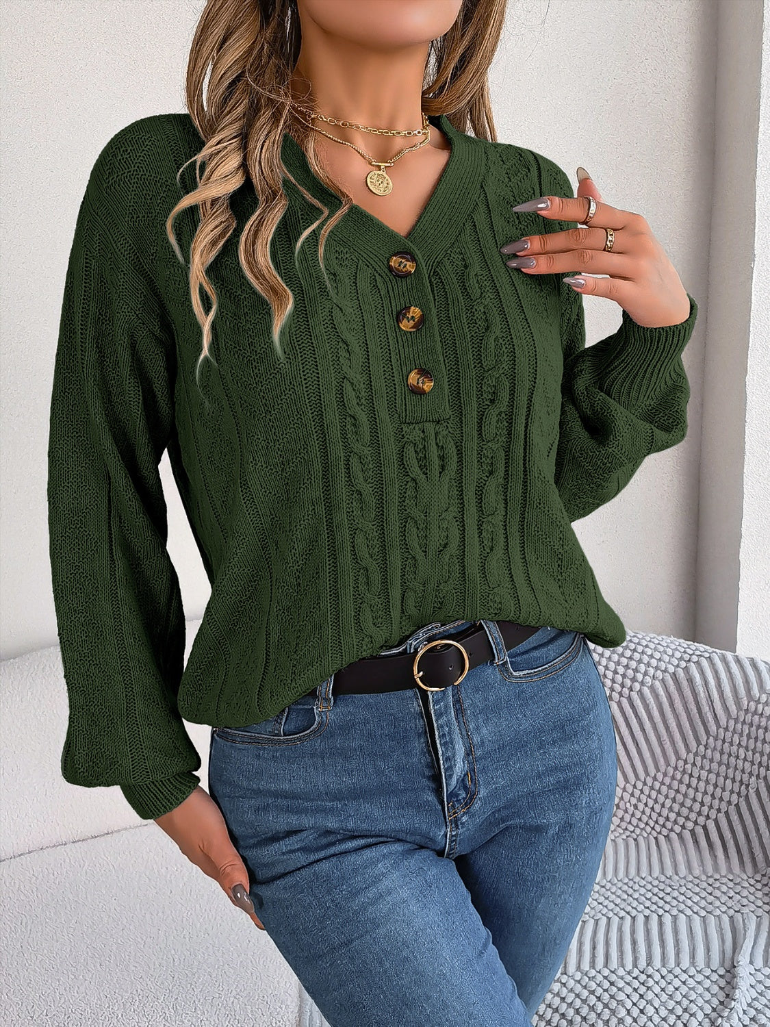 Cable-Knit V-Neck Long Sleeve Sweater