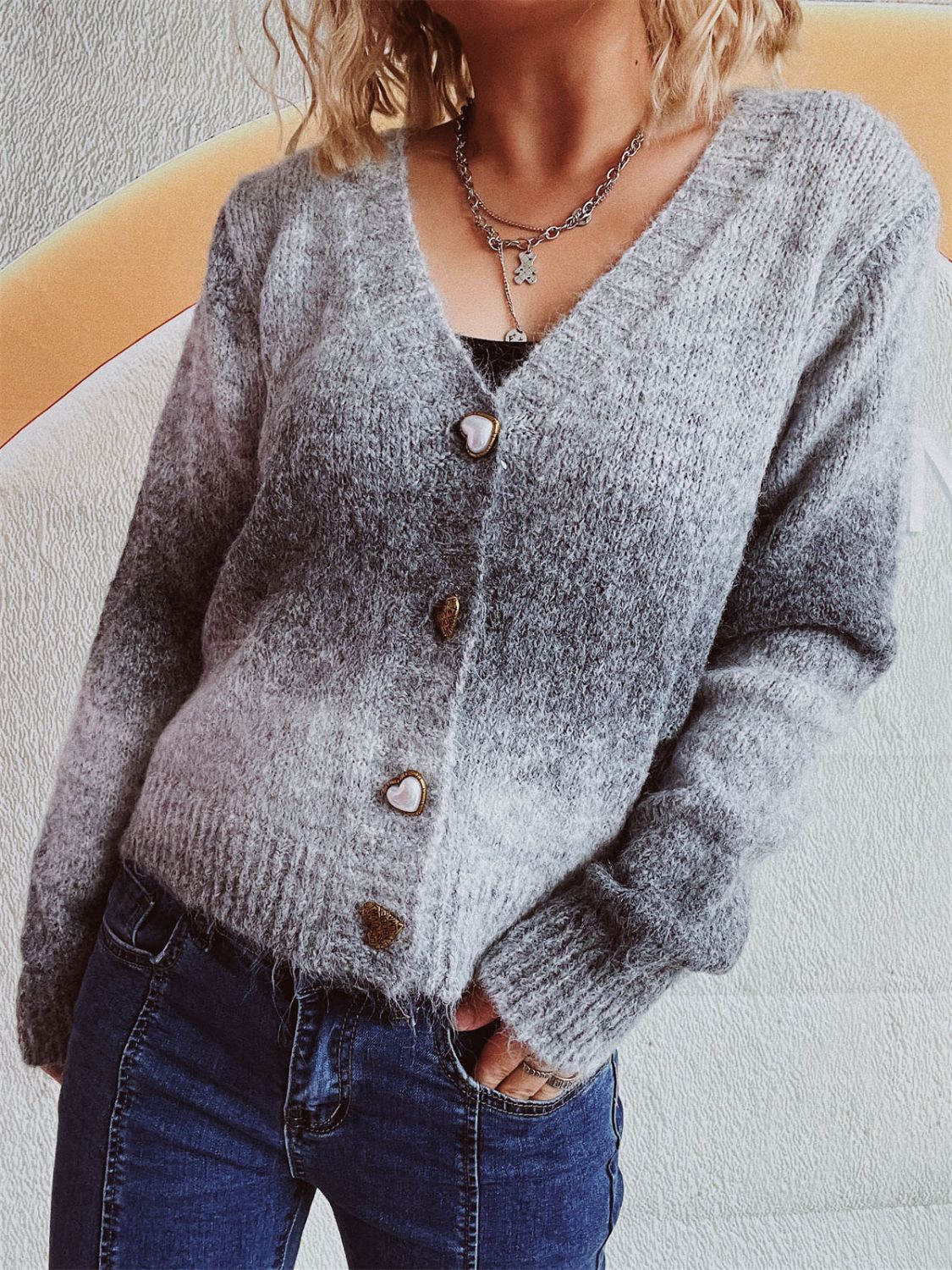 Gradient Heart Shape Button V-Neck Cardigan