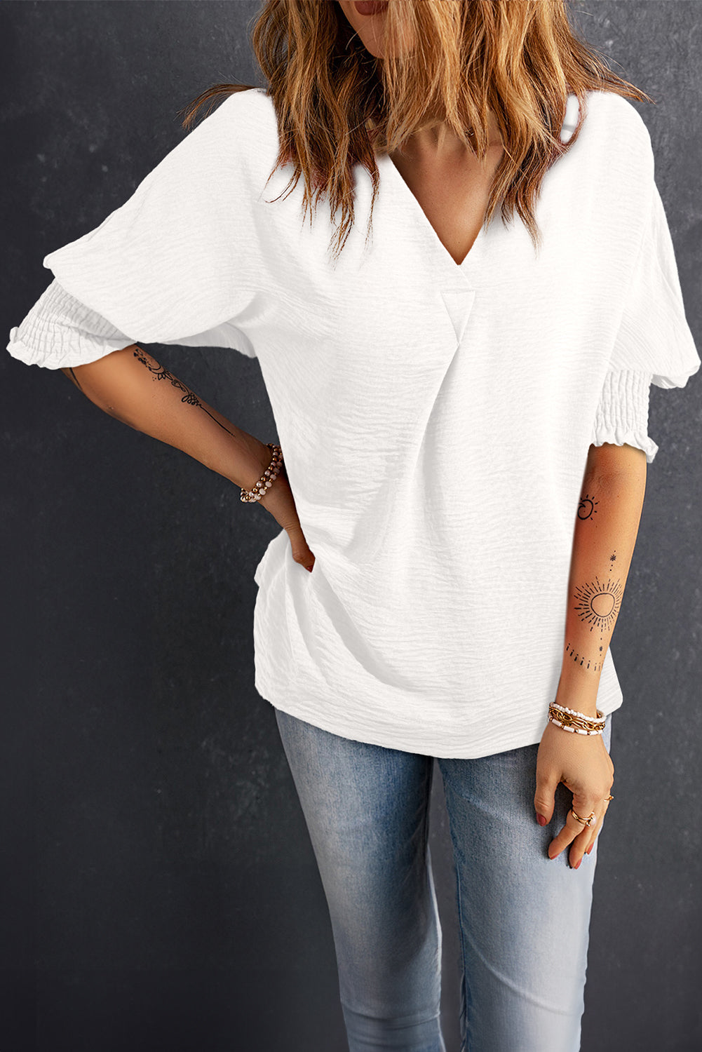 Smocked Johnny Collar Half Sleeve Blouse