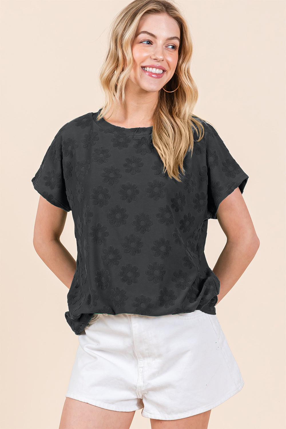 BOMBOM Textured Floral Pattern Short Sleeve T-Shirt