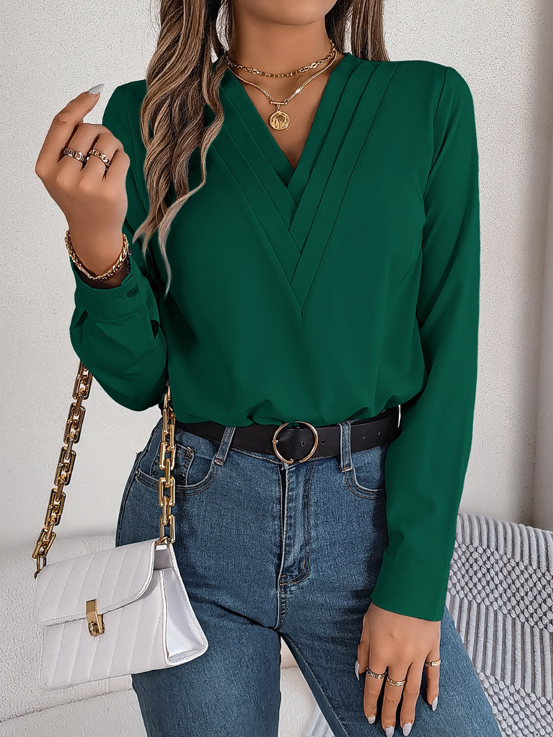 V-Neck Long Sleeve Blouse