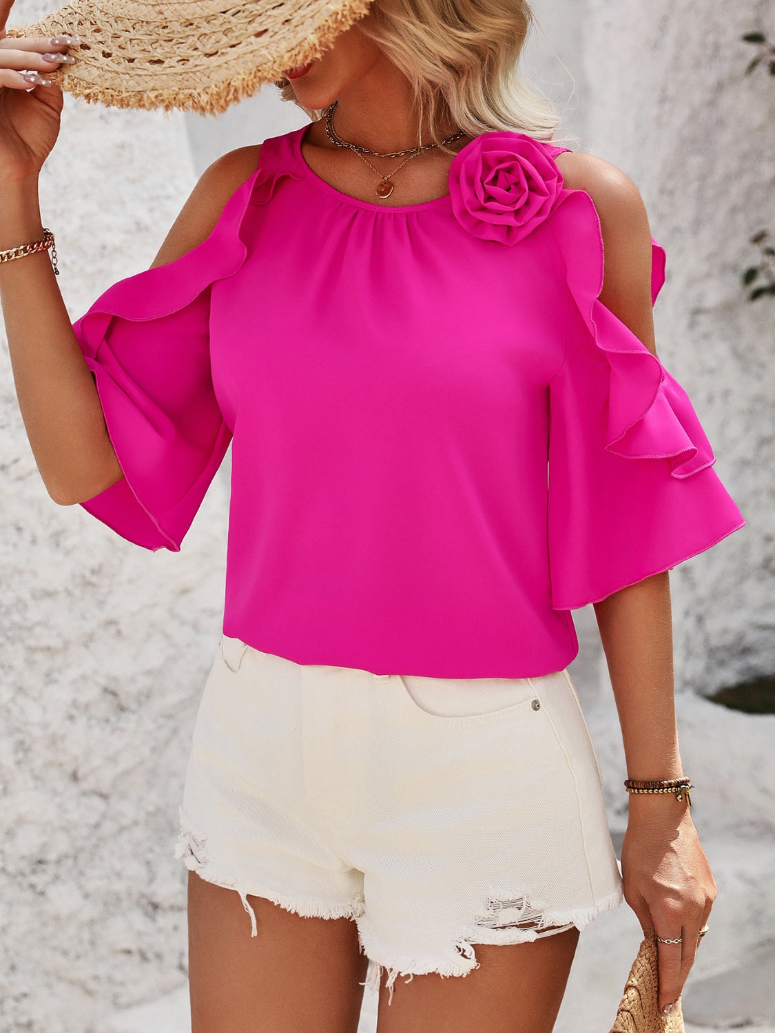 Ruffled Round Neck Half Sleeve Blouse