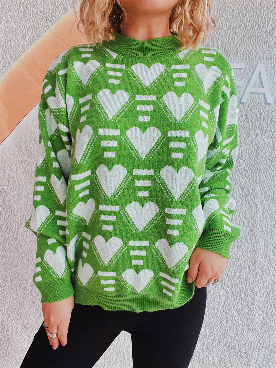 Heart Contrast Long Sleeve Dropped Shoulder Sweater