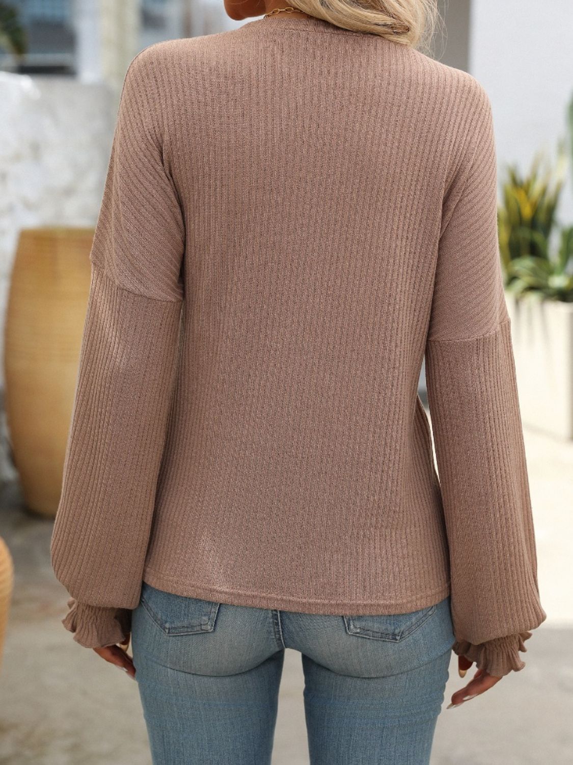 Ribbed Round Neck Long Sleeve T-Shirt