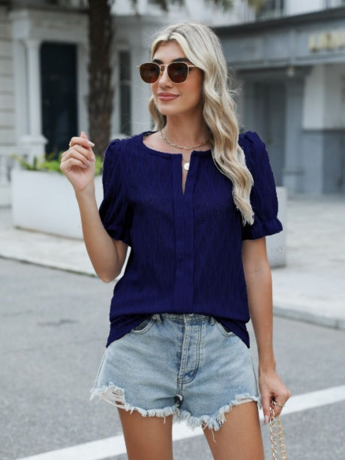 Textured Notched Short Sleeve Blouse