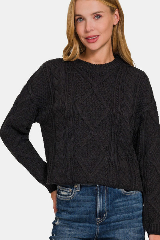 Zenana Cropped High Low Cable Sweater with Side Slits